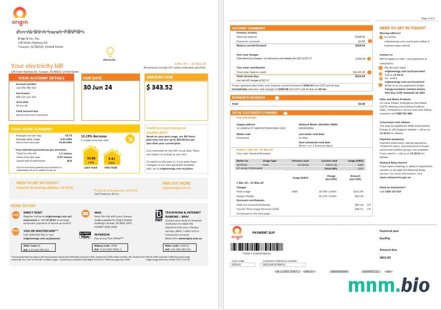 Australia Nowa Południowa Walia (NSW) pochodzenie energii elektrycznej rachunek za usługi komunalne szablon w Word i PDF forma 1-2 stron